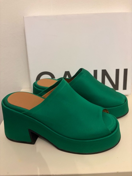 Ganni Shoes - Ganni Green Platform Peep-Toe Mules